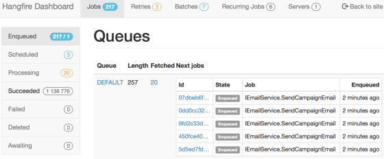 The dashboard shows us an overview on the running jobs