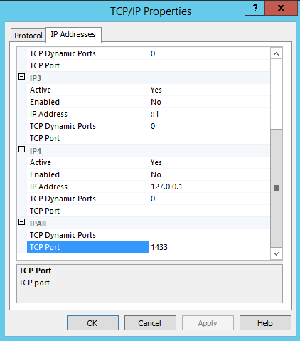 Set the TCP Port to 1433