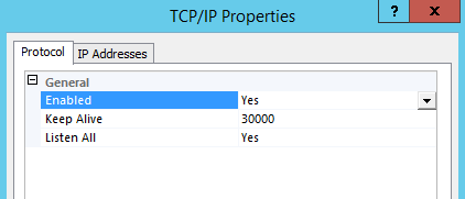 Make sure the TCP/IP property has Enabled Yes
