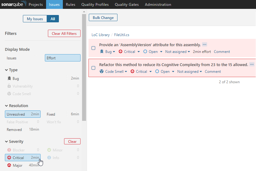 SonarQube shows us teh list of errors that match our filter