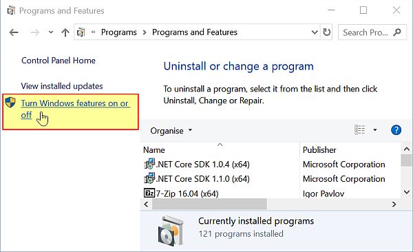 In Programms and Features the option is at the left side
