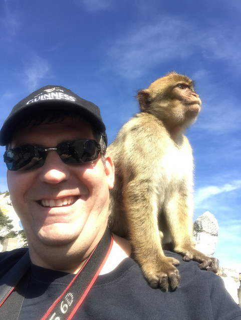 A confident looking small monkey on Johnny's shoulder