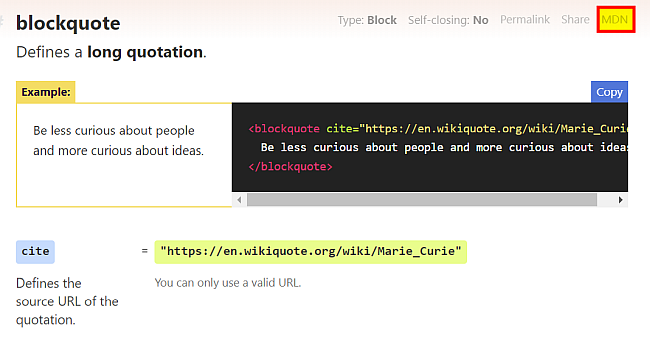 Htmlreference.io and the blockquote tag