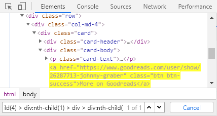The element is now highlighted in the elements window above