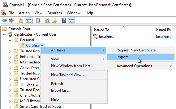 Import your user certificate into Personal / Certificates of the Certificate Manager