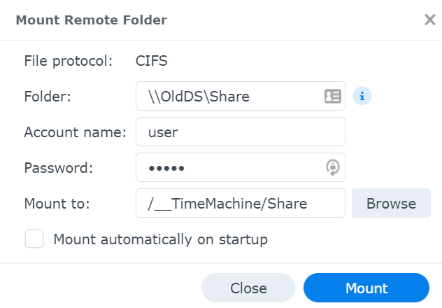 Enter your share and the credentials to access it