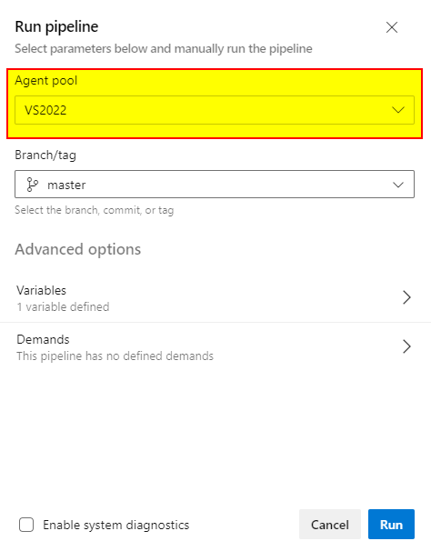 Most often we see the Run Pipeline dialog
