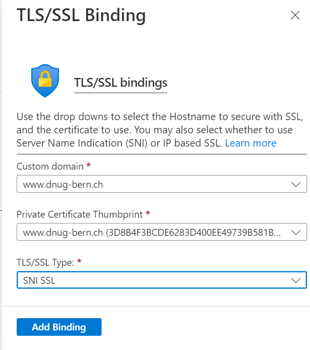 Select the domain, the certificate and the type SNI SSL