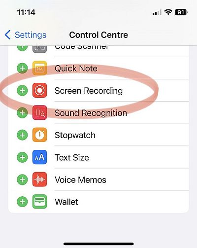 Click on the + in front of Screen Recording to add it to the Control Centre