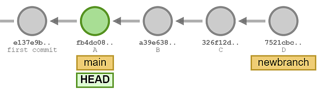 The branch main points to commit A, newbranch points to commit D.