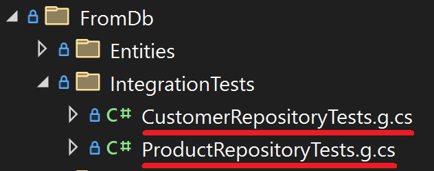 Our two integration tests are inside the FromDb\IntegrationTests folder.