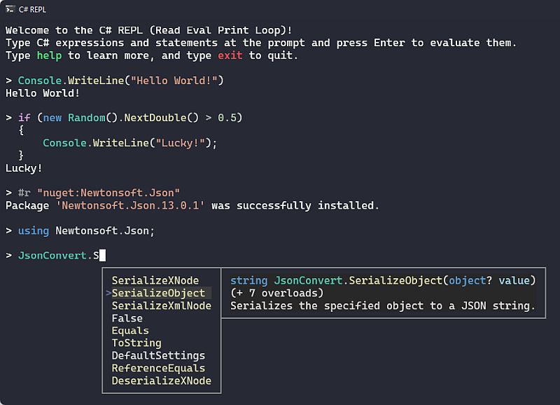 The REPL offers us a lot of helpful features like code completion.