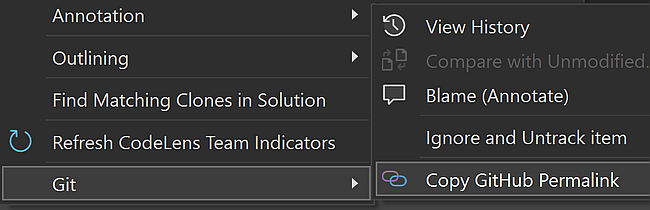Copy the permalink to GitHub out of the context menu on any code block we select.