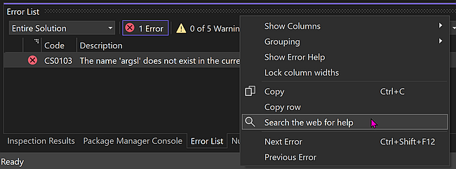 Directly search the error on the web thrugh the context menu on the error list.