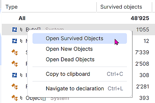 The context menu shows us the option Open Survived Objects