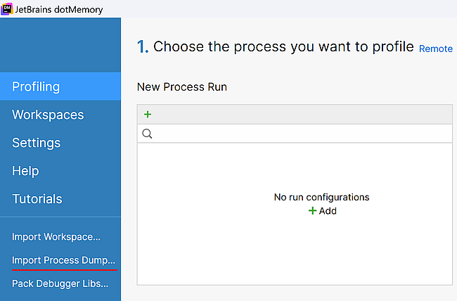 In the left blue bar, we find the option to import the process dump file.