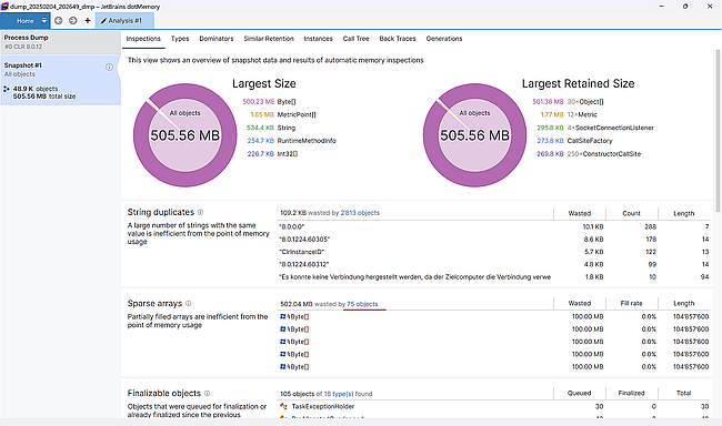 The largest size indicator shows us that 505MB are allocated.