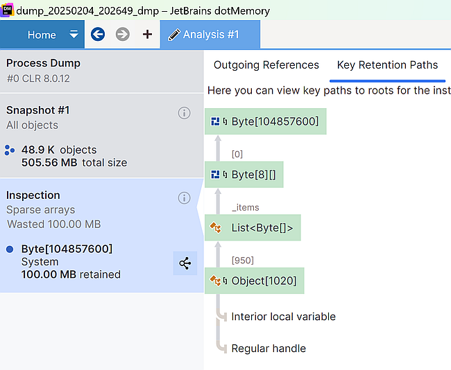 On the tab Key Retention Paths we see that a regular handle points to the object containing byte[] via a list.
