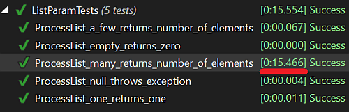 The duration for the many test takes 15.466 seconds, while the other tests take a fraction of a second to pass