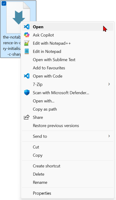 The full context menu comes up directly without an extra step.