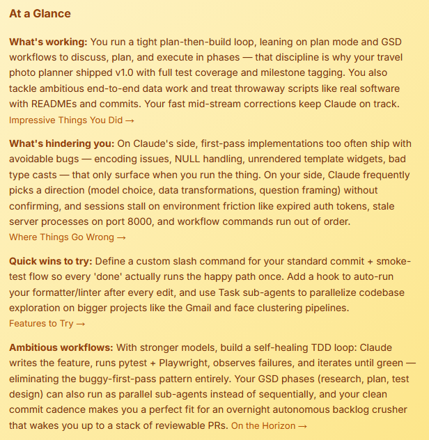 The At a Glance section shows us what was working, what hindered us and how we can realise some quick wins.
