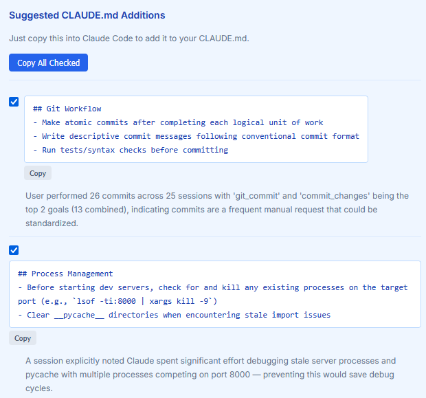 Claude found helpful suggestions that we can add to a project-specific CLAUDE.md file.