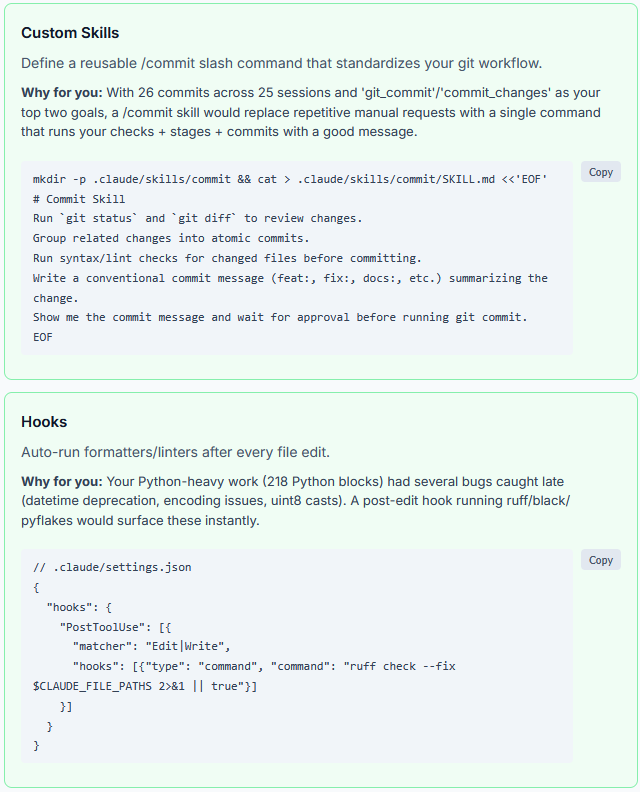 We get the source code for a custom skill and a hook to run ruff after each tool use.