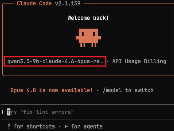 The Claude Code dialog now shows our model.